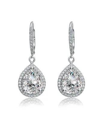 Genevive Sterling Silver white Gold Plated Pear Drop Cubic Zirconia Cluster Pear Leaver Back Earrings