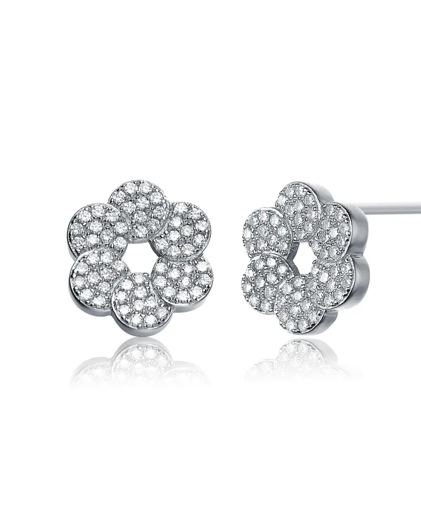 Genevive Sterling Silver Cubic Zirconia Round Flower Shape Earrings