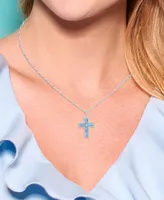 Sterling Silver Halo Birthstone Style Genuine Swiss Blue and White Topaz Fancy Cut Cross Pendant Necklace