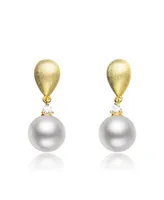 Genevive Cubic Zirconia Sterling Silver Brushed Gold Plated Pearl Drop Earrings