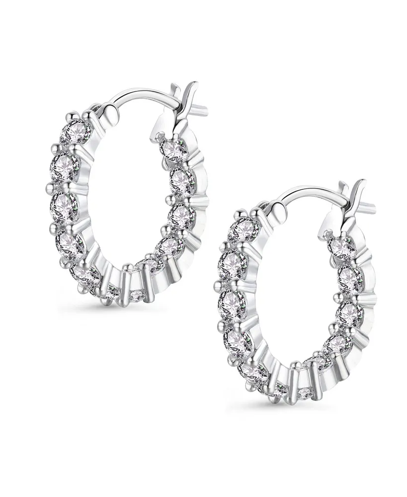 Genevive Sterling Silver White Gold Plated Cubic Zirconia Inside-Out Round Chunky Hoop Earrings