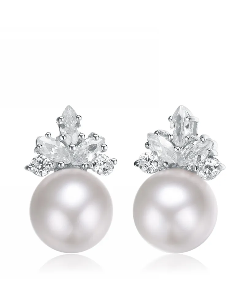 Genevive Elegant Fresh Water Pearl Marquise Earrings in Sterling Silver White Gold Plating with Cubic Zirconia