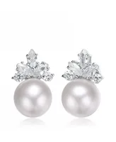 Genevive Elegant Fresh Water Pearl Marquise Earrings in Sterling Silver White Gold Plating with Cubic Zirconia