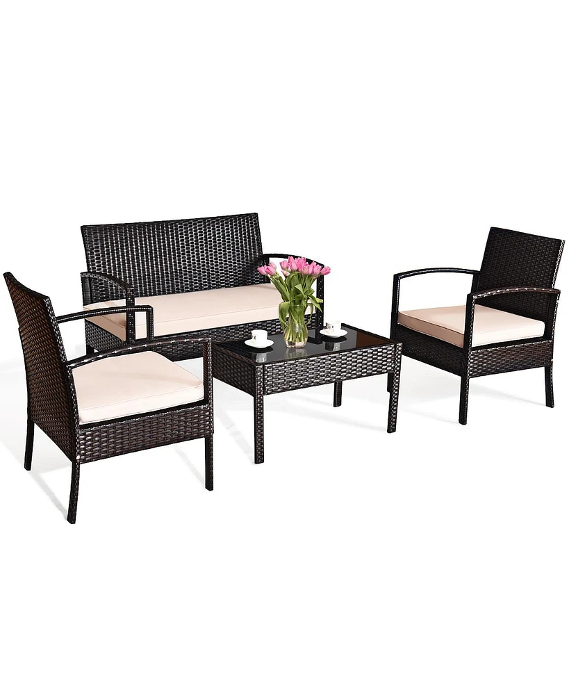 4PCS Patio Rattan Conversation Furniture Set Cushioned Seat