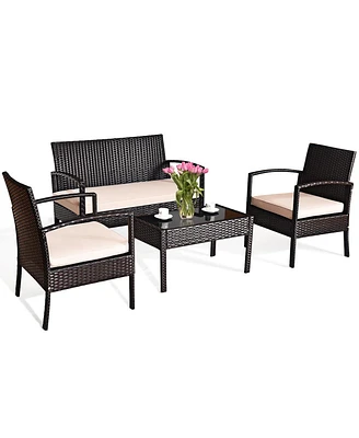 4PCS Patio Rattan Conversation Furniture Set Cushioned Seat