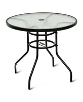Costway 32'' Patio Round Table Tempered Glass Steel Frame Outdoor Pool Yard Garden
