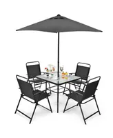 Costway 6PCS Patio Furniture Dining Set Folding Chairs Glass Table W/Umbrella Deck