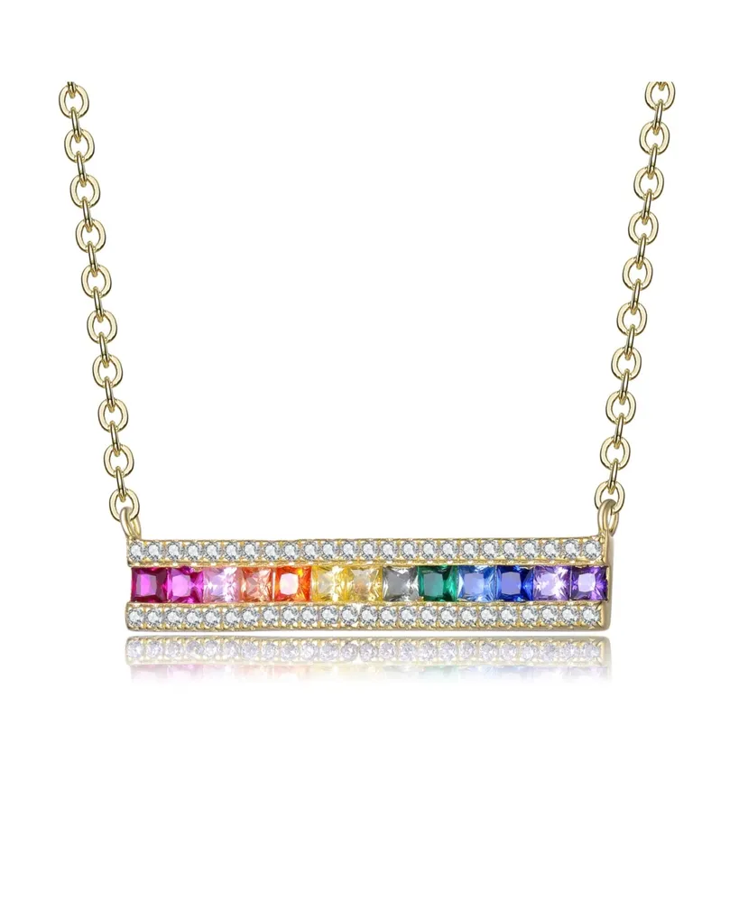 Genevive Sterling Silver Rainbow Cubic Zirconia Long Bar Pendant Necklace