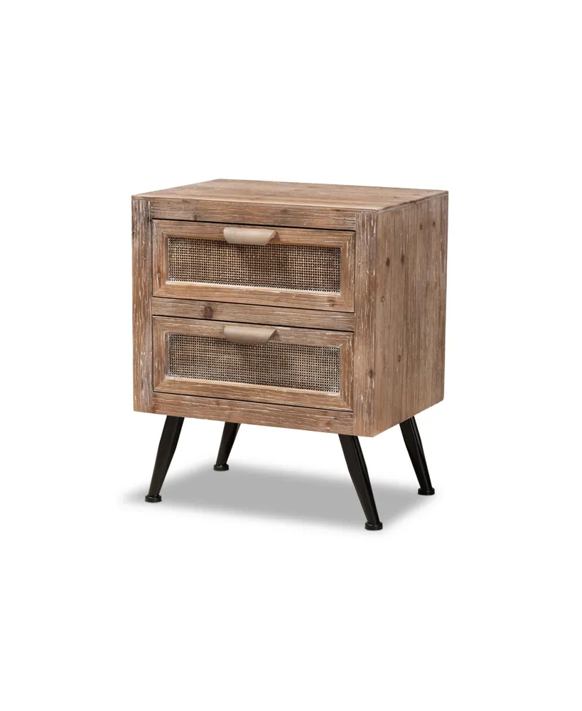 Baxton Studio Calida Mid-Century Modern 22.8" Whitewashed Finished Wood and Rattan 2-Drawer Nightstand