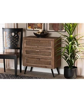 Baxton Studio Calida Mid-Century Modern 30.7" Whitewashed Finished Wood and Rattan 3-Drawer Storage Cabinet