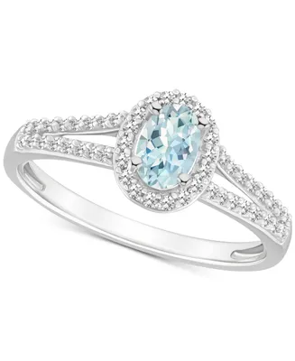 Aquamarine (2/5 ct. t.w.) & Diamond (1/4 Oval Halo Ring Sterling Silver (Also Opal)