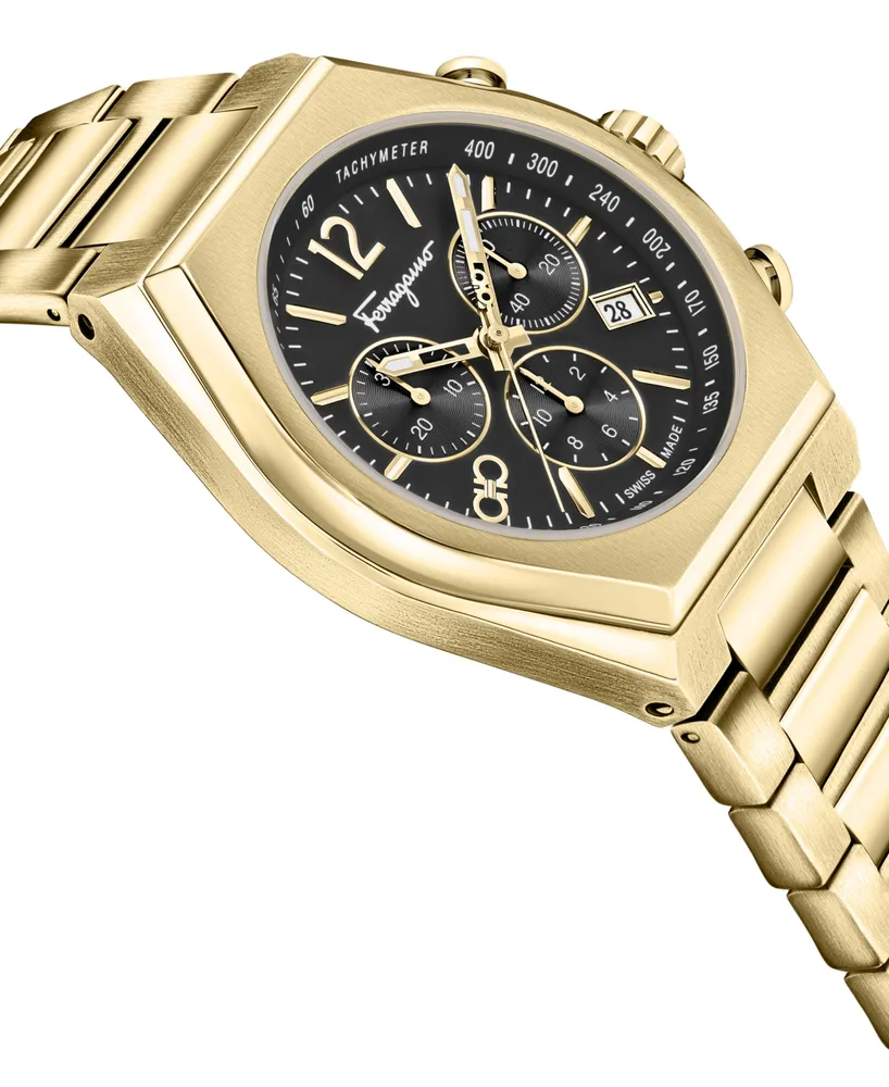 Salvatore Ferragamo Men's Swiss Chronograph Tonneau Gold Ion Plated Stainless Steel Bracelet Watch 42mm