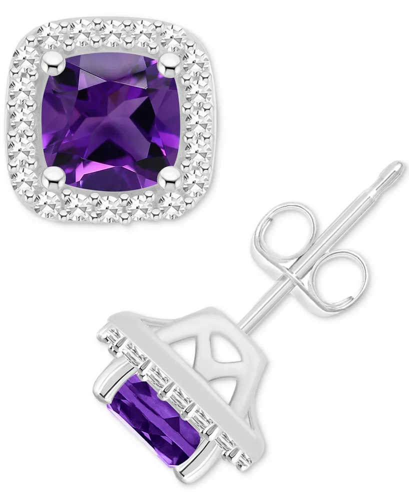 Amethyst (1 ct. t.w.) & Diamond (1/5 Cushion Halo Stud Earrings Sterling Silver (Also Citrine, Garnet, Peridot, Blue Topaz)