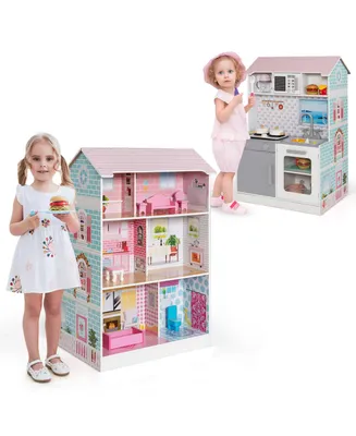 Costway 2-In-1 Double Sided Kids Kitchen Playset & Dollhouse W/ Accessories & Furniture