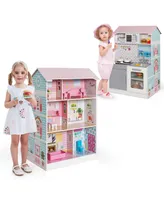 2-In-1 Double Sided Kids Kitchen Playset & Dollhouse W/ Accessories & Furniture