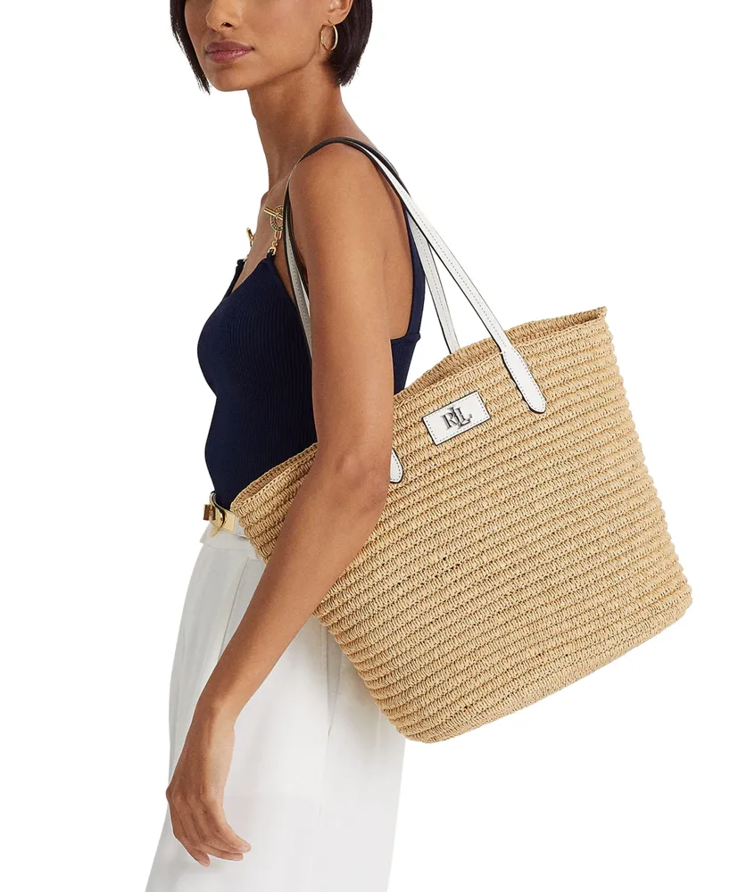 Lauren Ralph Brie Leather-Trim Straw Medium Tote Bag