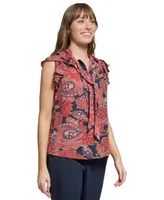 Tommy Hilfiger Women's Paisley-Print Tie-Neck Ruffle Top