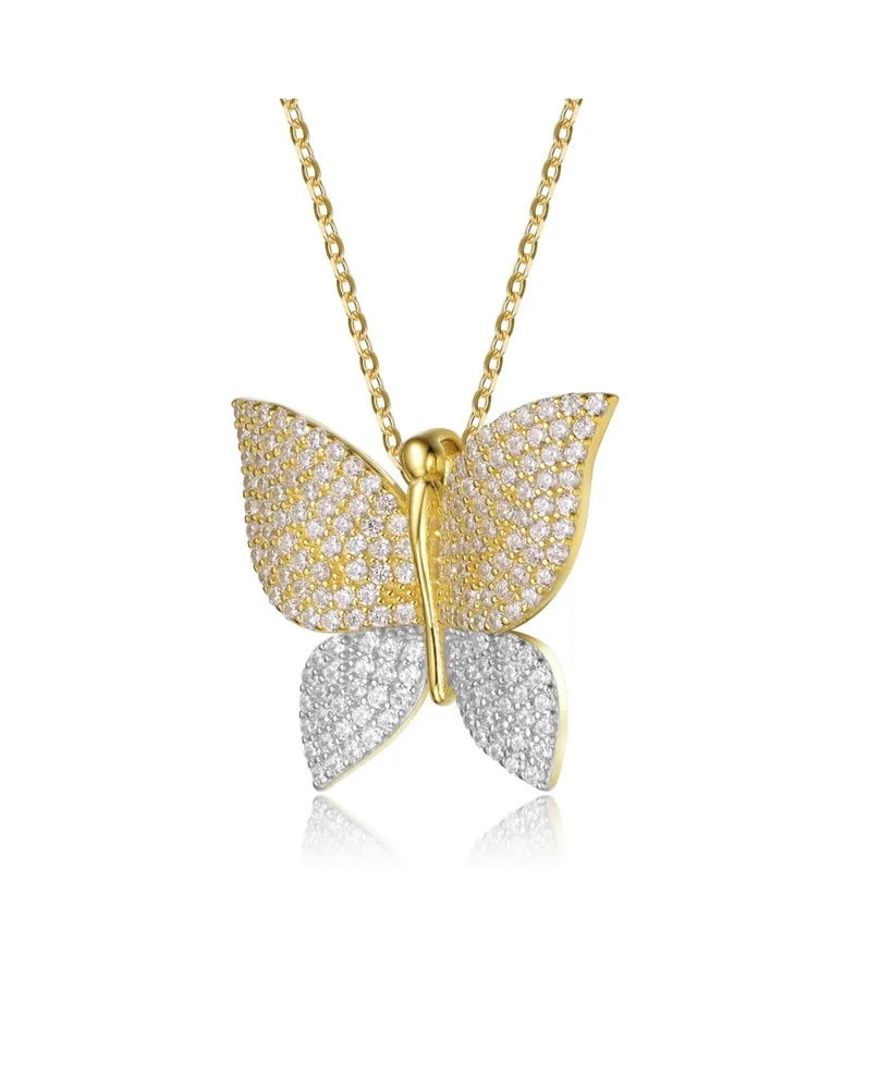 Genevive 14k Yellow Gold and White Gold Plating with Cubic Zirconia Butterfly Pendant Necklace in Sterling Silver