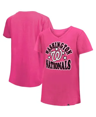 Big Girls New Era Pink Washington Nationals Jersey Stars V-Neck T-shirt