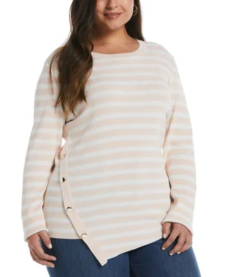 Ella Rafaella Plus Snap Trim Stripe Asymmetrical Sweater