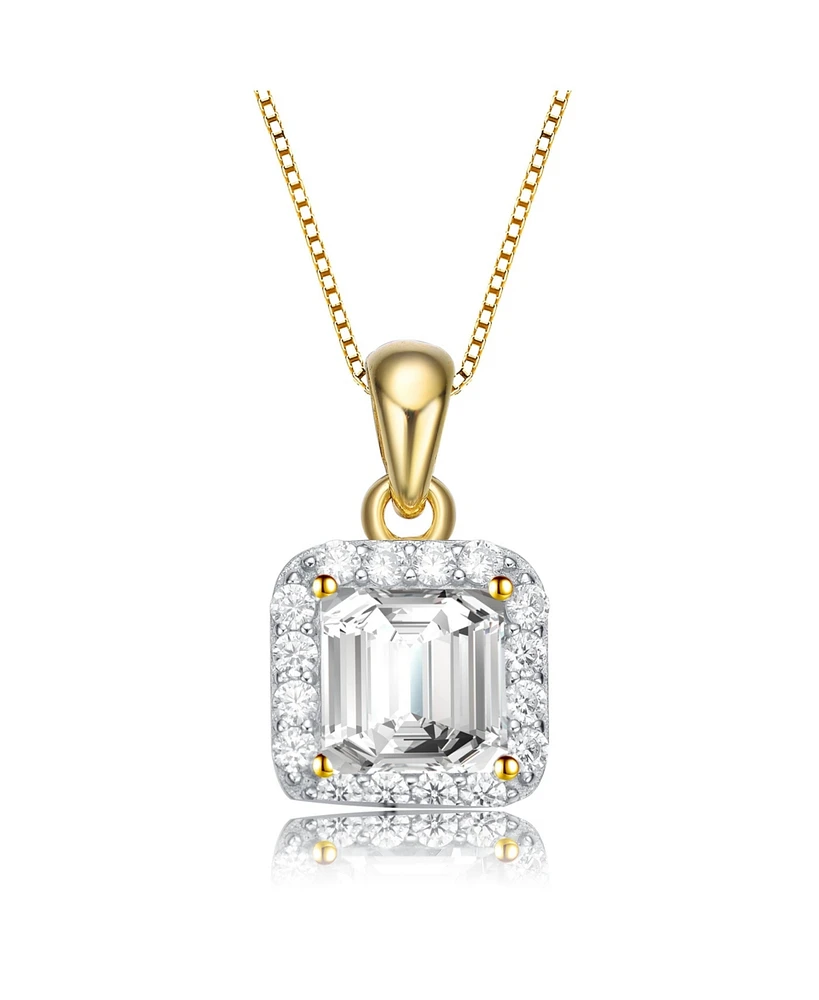 Genevive Sterling Silver White Gold Plating Cubic Zirconia Asscher Cut Drop Pendant