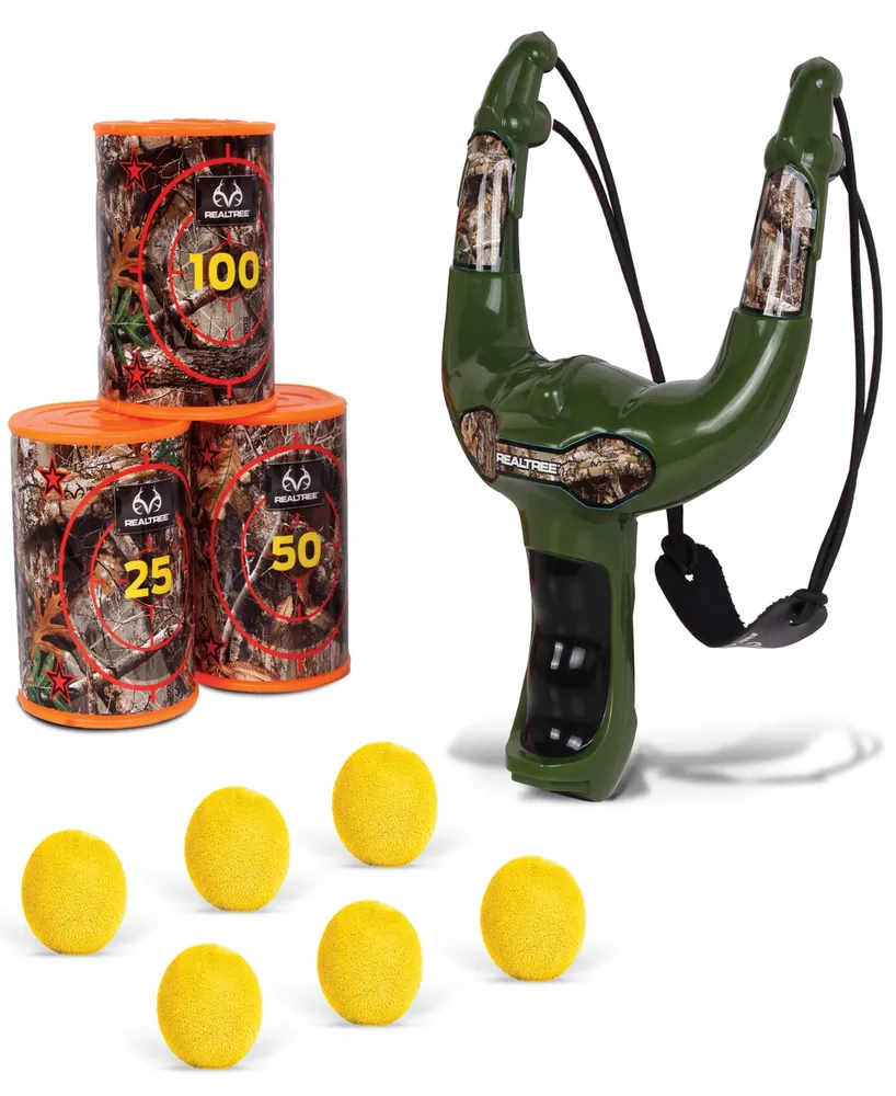 Realtree Nkok Handheld Slingshot Set Green 25037 includes 6 Foam Balls 3 Can Targets, Toy Slingshot Shoots Up To 30', Officially Licensed