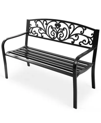 50'' Patio Park Garden Bench Porch Chair Steel Frame Cast Iron Backrest