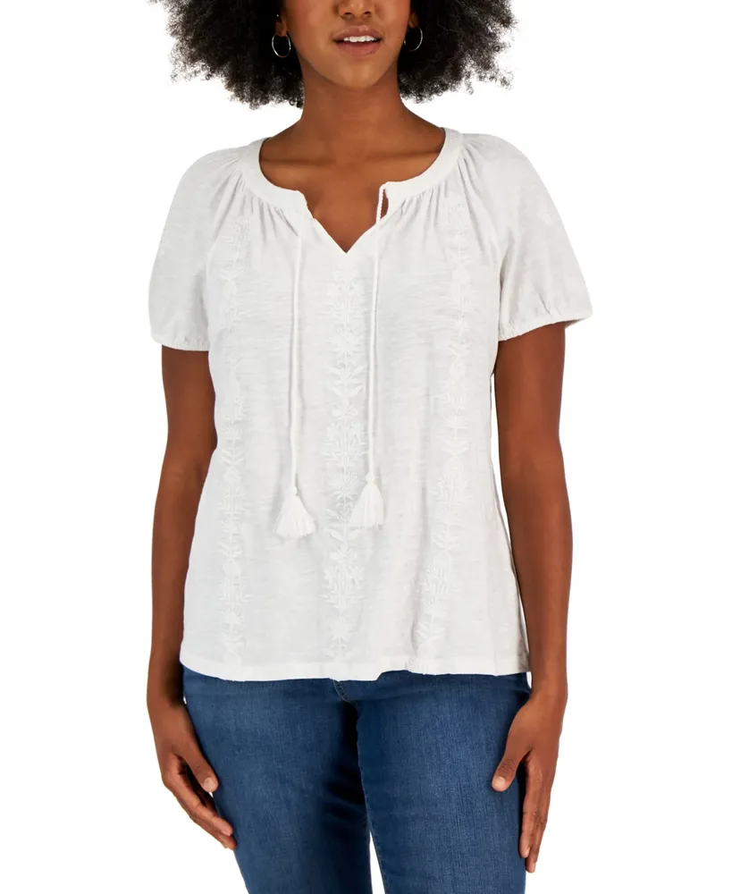 Lucky Brand Women's Beaded Embroidered Peasant Top - Macy's