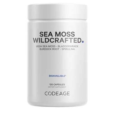 Codeage Raw Wildcrafted Irish Sea Moss, Bladderwrack, Burdock, Spirulina & BioPerine Black Pepper Supplement - 120ct