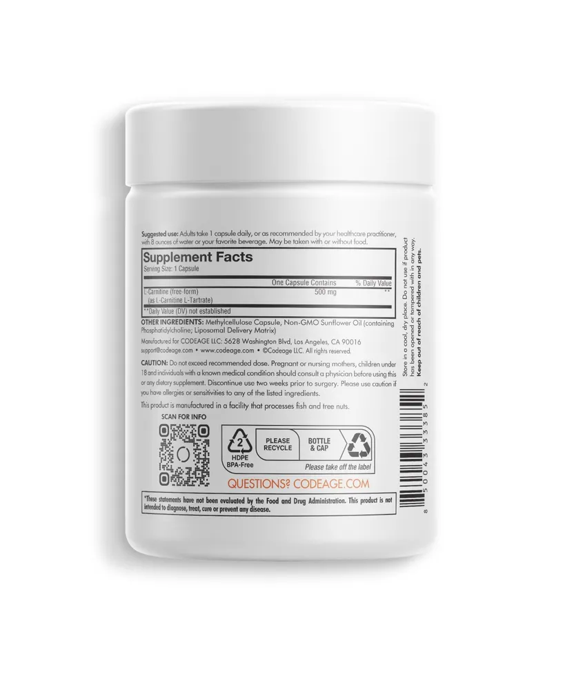 Codeage Liposomal L-Carnitine 500mg Supplement, 3-Month Supply, Free Form Amino Acid, Non-gmo - 90 ct