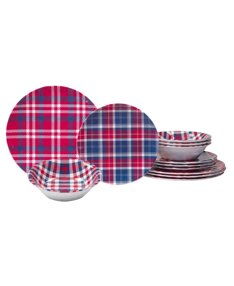 Certified International Patriotic Plaid Melamine 12 Piece Dinnerware Set, Service for 4