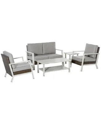 Outsunny 5-Piece Outdoor Pe Rattan Wicker Patio Furniture Set, Cushions, 1 Loveseat, 2 Armchairs, 1 Faux Wood Slat Two
