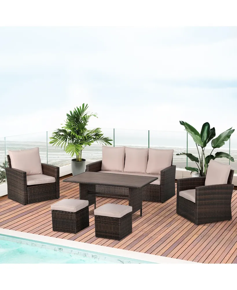 Outsunny 6 Pcs Patio Dining Set All Weather Rattan Wicker Furniture Set with Wood Grain Top Table and Soft Cushions