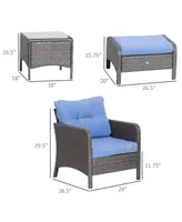 Outsunny 5 Piece Outdoor Patio Conversation Set, Rattan Wicker Lounge Chair with 2 Ottomans, 2 Cushioned Chairs & Tempered Glass Top Coffee Table, Blu