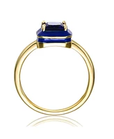 Rachel Glauber 14k Yellow Gold Plated with Blue Cubic Zirconia Blue Enamel Radiant Halo Ring