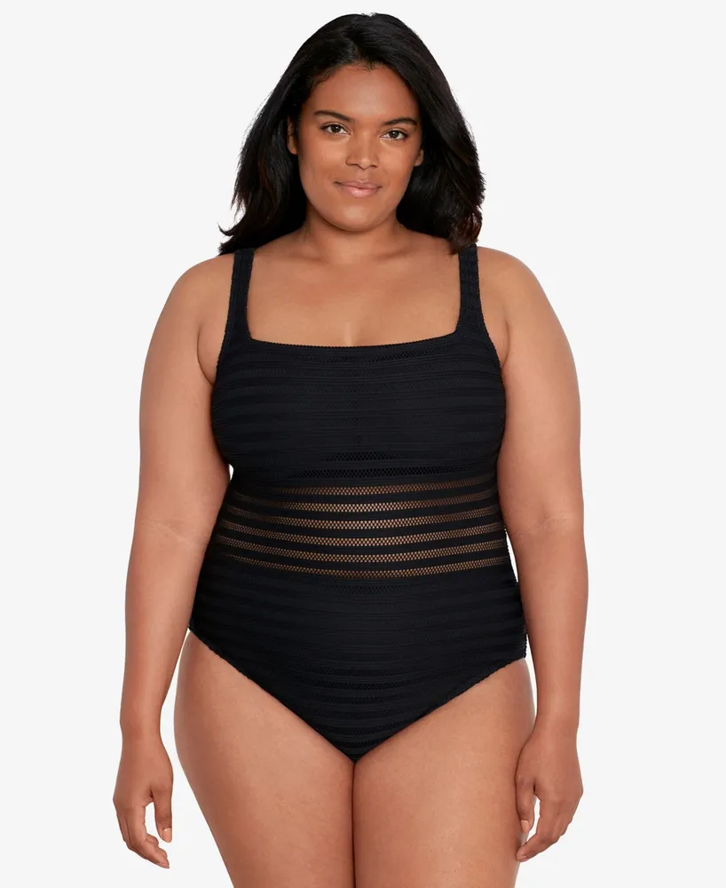 Lauren Ralph Plus Illusion-Stripes One-Piece Swimsuit