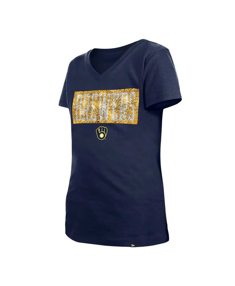 Big Girls New Era Navy Milwaukee Brewers Flip Sequin Team V-Neck T-shirt