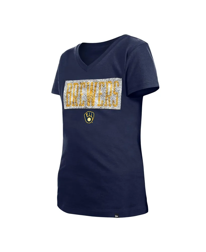 Big Girls New Era Navy Milwaukee Brewers Flip Sequin Team V-Neck T-shirt