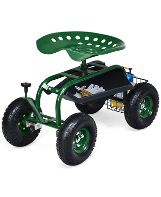 Garden Cart Rolling Work Seat w/ Tool Tray Basket