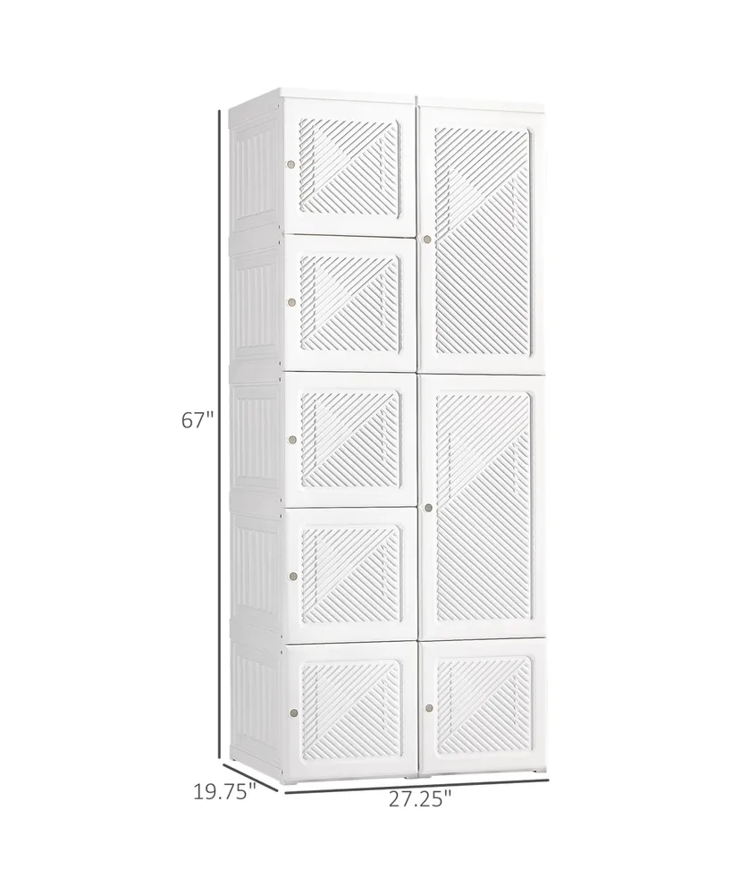 Homcom Portable Wardrobe Closet, Folding Bedroom Armoire, Clothes Storage Organizer with Cube Compartments, Hanging Rod, Magnet Doors, White
