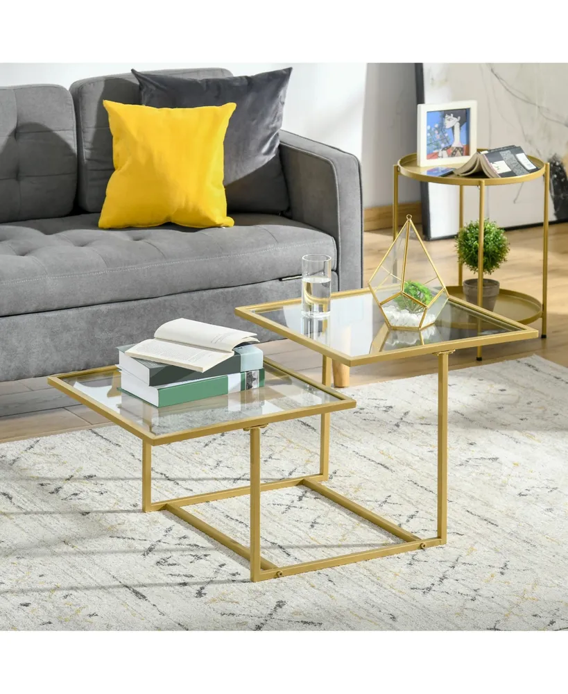 Homcom 38" 2 Glass End Table, Living Room Coffee Table w/ Metal Frame, Gold