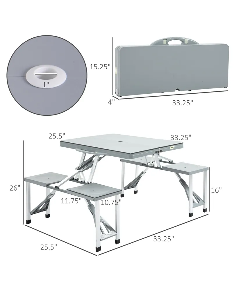 Outsunny 4 Person Plastic Portable Compact Folding Suitcase Picnic Table Set with Umbrella Hole & Simple Setup Process, Grey