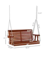 Outsunny 46" 2 Person Wooden Hanging Porch Swing Bench, Slatted Front Porch Swing Outdoor Chair with Cupholder Armrests 440 lbs. Weight Capacity, Brow