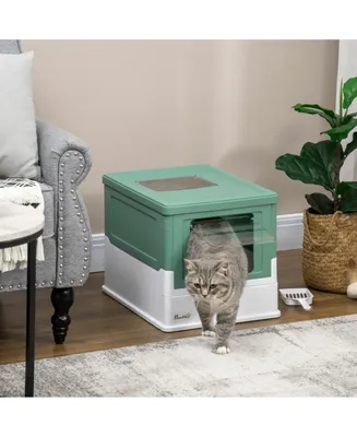 PawHut Fully Enclosed Cat Litter Box with Scoop, Hooded Cat Litter House with Drawer Type Tray, Foldable Smell Proof Cat Potty with Front Entry, Top E