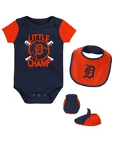 Newborn and Infant Boys Girls Navy Detroit Tigers Little Champ Three-Pack Bodysuit, Bib Booties Set