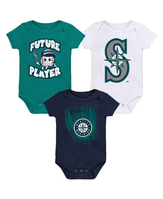 Newborn and Infant Boys Girls Teal, Navy, White Seattle Mariners Minor League Player Three-Pack Bodysuit Set