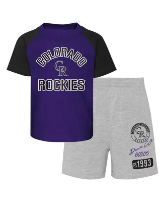 Infant Boys and Girls Purple Heather Gray Colorado Rockies Ground Out Baller Raglan T-shirt Shorts Set