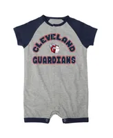 Newborn and Infant Boys Girls Heather Gray Cleveland Guardians Extra Base Hit Raglan Full-Snap Romper