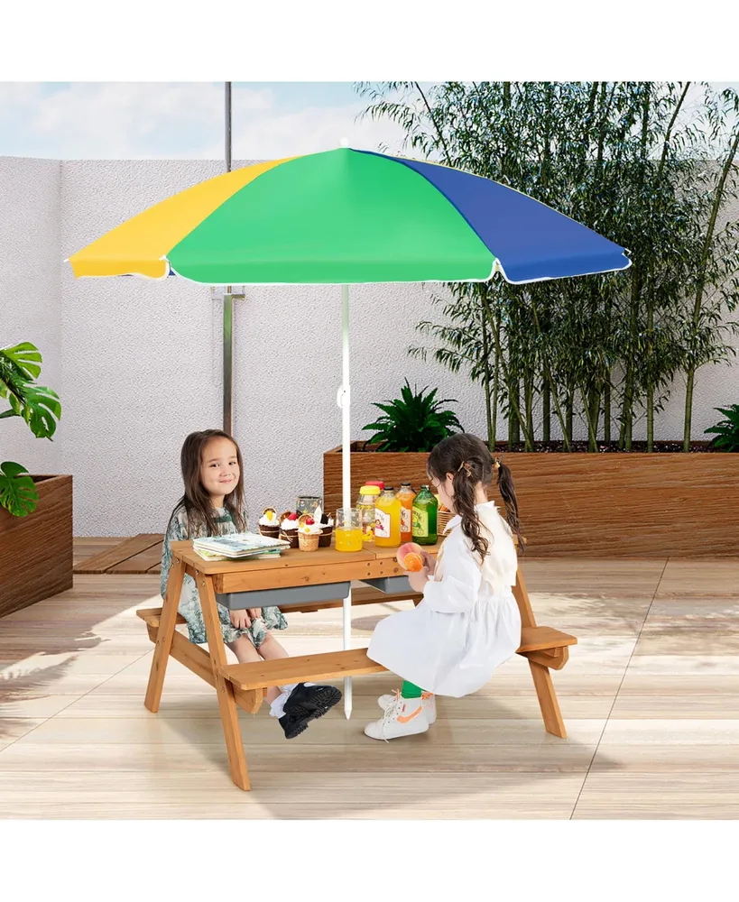 3-in-1 Kids Picnic Table Wooden Outdoor Sand & Water Table w/Umbrella Play Boxes