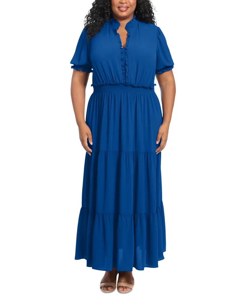 London Times Plus Size Smocked Tiered Maxi Dress